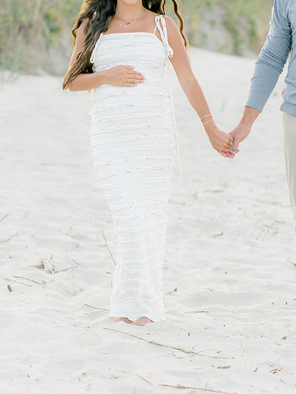 Momsmood White Ruched Ruffle Falbala Tie Up Straps With Beads Badycon Elegant Maternity Photoshoot Maxi Dress