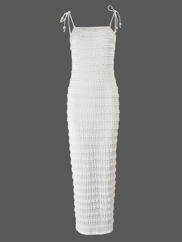 Momsmood White Ruched Ruffle Falbala Tie Up Straps With Beads Badycon Elegant Maternity Photoshoot Maxi Dress
