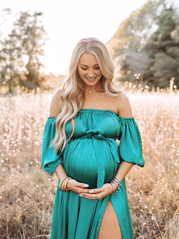 Momsmood Green Satin Off Shoulder Belt Side Slit Big Swing Plus Size Elegant Maternity Photoshoot Maxi Dress