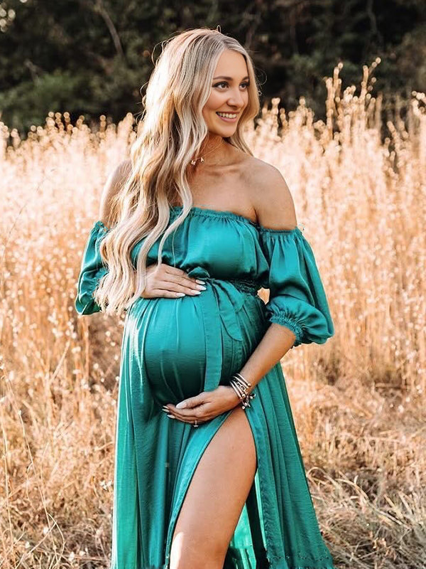 Momsmood Green Satin Off Shoulder Belt Side Slit Big Swing Plus Size Elegant Maternity Photoshoot Maxi Dress