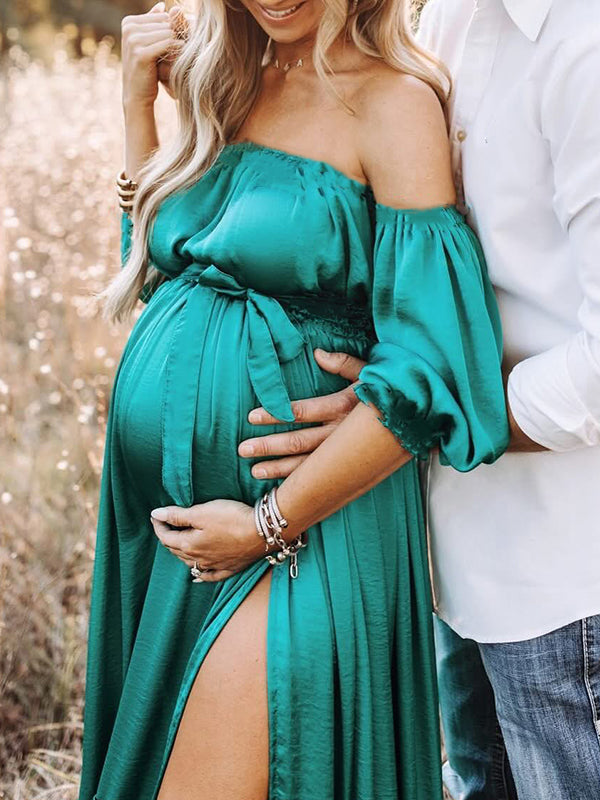 Momsmood Green Satin Off Shoulder Belt Side Slit Big Swing Plus Size Elegant Maternity Photoshoot Maxi Dress