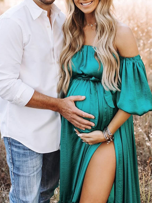 Momsmood Green Satin Off Shoulder Belt Side Slit Big Swing Plus Size Elegant Maternity Photoshoot Maxi Dress