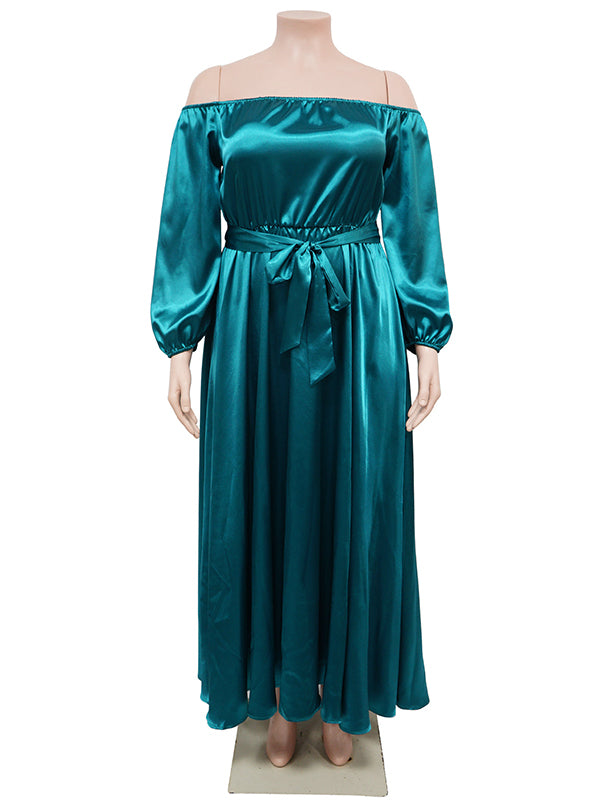Momsmood Green Satin Off Shoulder Belt Side Slit Big Swing Plus Size Elegant Maternity Photoshoot Maxi Dress