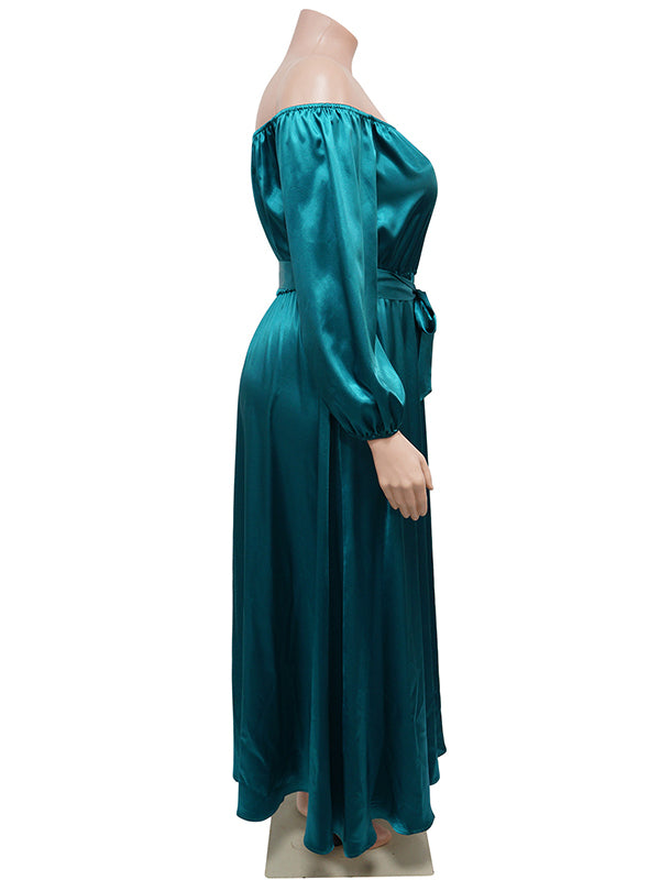 Momsmood Green Satin Off Shoulder Belt Side Slit Big Swing Plus Size Elegant Maternity Photoshoot Maxi Dress