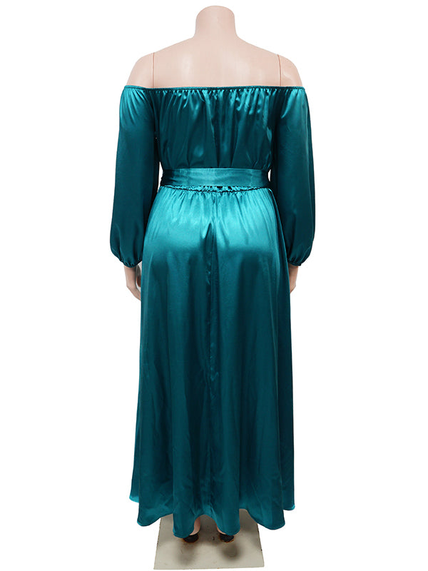 Momsmood Green Satin Off Shoulder Belt Side Slit Big Swing Plus Size Elegant Maternity Photoshoot Maxi Dress