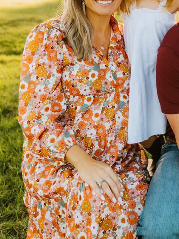 Momsmood Floral Daisy Printed Single Breasted Ruffle Lantern Sleeve Boho Maternity Photoshoot Maxi Dress