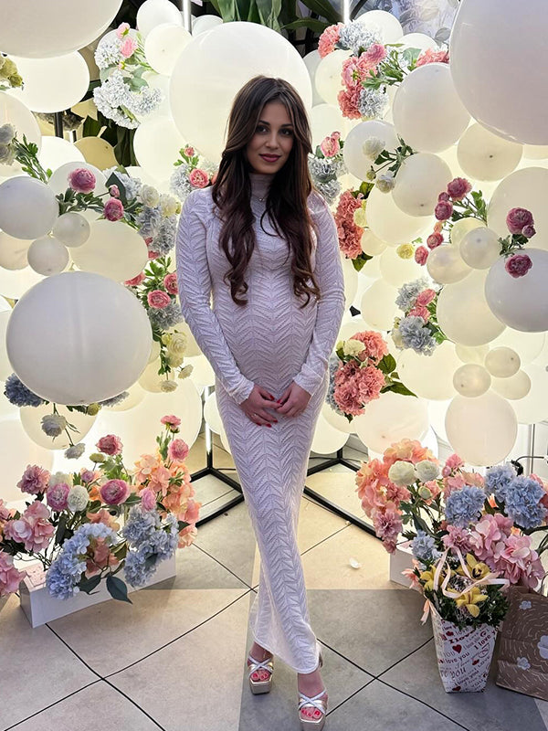 Momsmood White Crochet Hollow Out Turtleneck Badycon Semi-sheer Elegant Maternity Baby Shower Maxi Dress