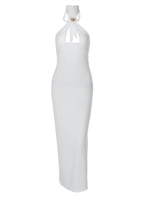 Momsmood White Cut Out Crop Mental Buckle Backless Halter Neck Badycon Elegant Maternity Photoshoot Maxi Dress