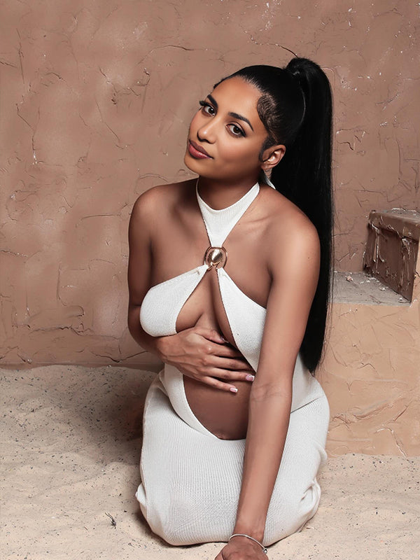 Momsmood White Cut Out Crop Mental Buckle Backless Halter Neck Badycon Elegant Maternity Photoshoot Maxi Dress
