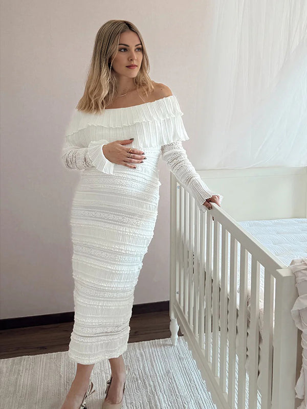 Momsmood White Off Shoulder Ruched Ruffle Falbala Back Slit Flare Sleeve Badycon Elegant Maternity Photoshoot Baby Shower Maxi Dress