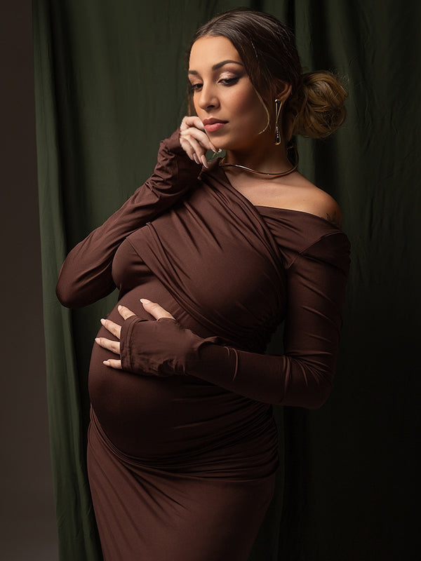 Momsmood Brown Off Shoulder Ruched Cross Chest Badycon Elegant Maternity Photoshoot Maxi Dress