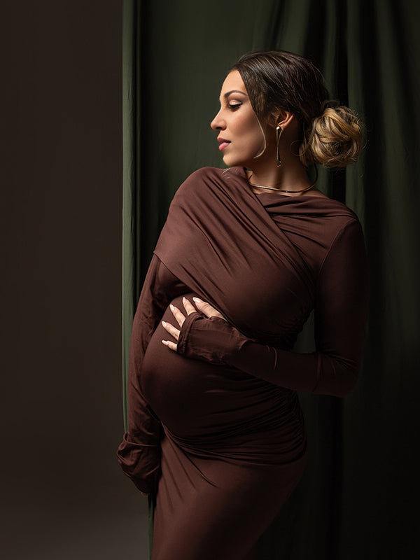 Momsmood Brown Off Shoulder Ruched Cross Chest Badycon Elegant Maternity Photoshoot Maxi Dress