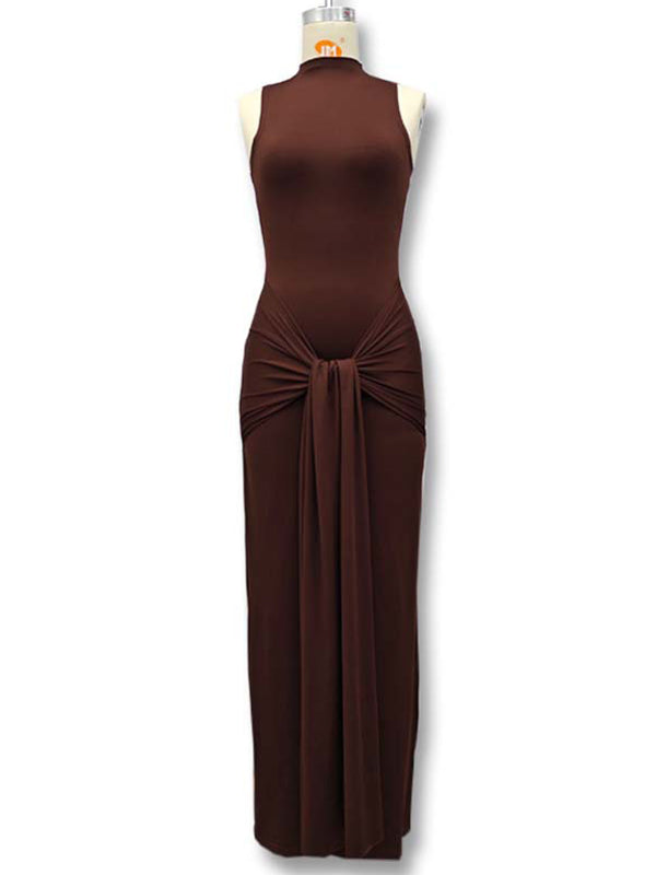 Momsmood Brown Ruched Knot Draped High Neck Sleeveless Bodycon Elegant Maternity Photoshoot Maxi Dress