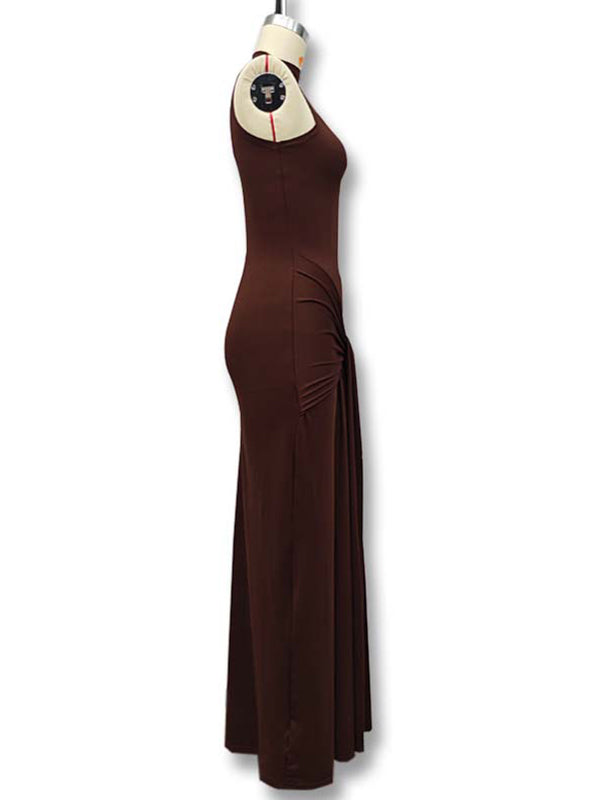 Momsmood Brown Ruched Knot Draped High Neck Sleeveless Bodycon Elegant Maternity Photoshoot Maxi Dress