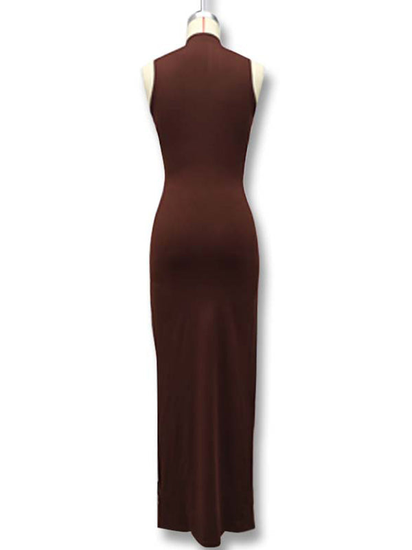 Momsmood Brown Ruched Knot Draped High Neck Sleeveless Bodycon Elegant Maternity Photoshoot Maxi Dress