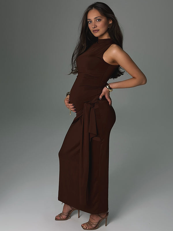 Momsmood Brown Ruched Knot Draped High Neck Sleeveless Bodycon Elegant Maternity Photoshoot Maxi Dress
