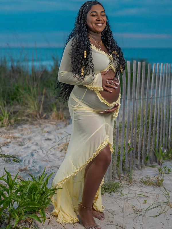 Momsmood Yellow Ruched Ruffle Falbala Cut Out Crop Slit Mermaid Elegant Sheer Maternity Photoshoot Maxi Dress