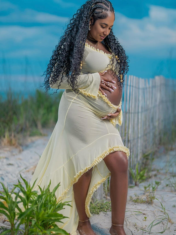 Momsmood Yellow Ruched Ruffle Falbala Cut Out Crop Slit Mermaid Elegant Sheer Maternity Photoshoot Maxi Dress