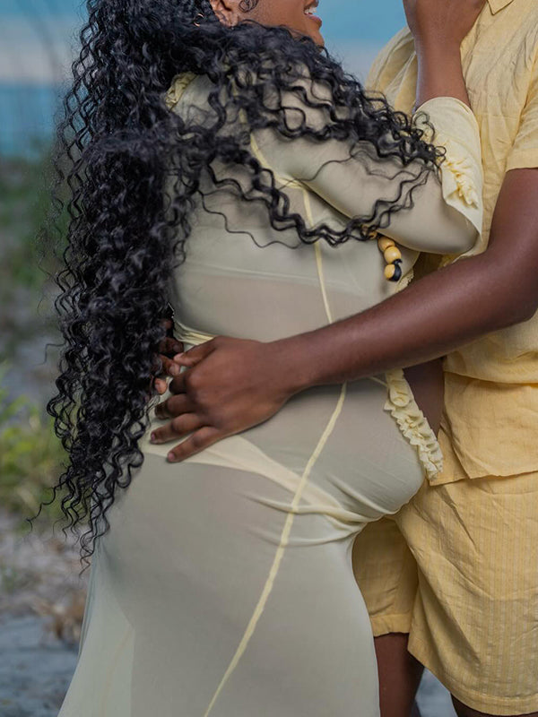 Momsmood Yellow Ruched Ruffle Falbala Cut Out Crop Slit Mermaid Elegant Sheer Maternity Photoshoot Maxi Dress