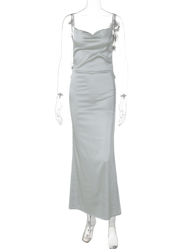 Momsmood Satin 3D Flowers Ruched Backless Cami Bodycon Mermaid Elegant Evening Gown Maternity Baby Shower Maxi Dress