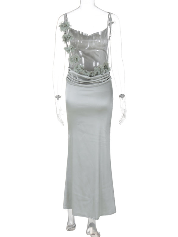 Momsmood Satin 3D Flowers Ruched Backless Cami Bodycon Mermaid Elegant Evening Gown Maternity Baby Shower Maxi Dress