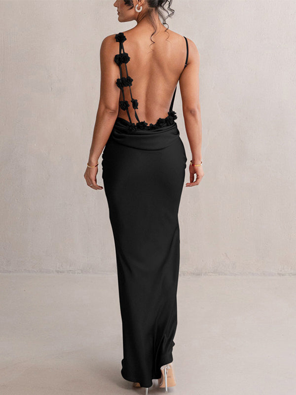 Momsmood Satin 3D Flowers Ruched Backless Cami Bodycon Mermaid Elegant Evening Gown Maternity Baby Shower Maxi Dress