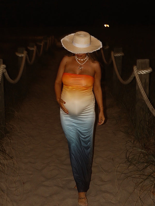Momsmood Orange Gradient Color Bandeau Back Slit Strapless Bodycon Elegant Maternity Going Out Maxi Dress