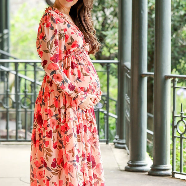 Momsmood Pink Floral Ruffle Falbala Big Swing V-neck Lantern Sleeve Elegant Boho Maternity Photoshoot Maxi Dress