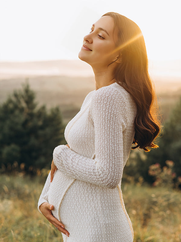 Momsmood Cream Knitted Hollow Out Round Neck Long Sleeve Bodycon Elegant Maternity Photoshoot Maxi Dress