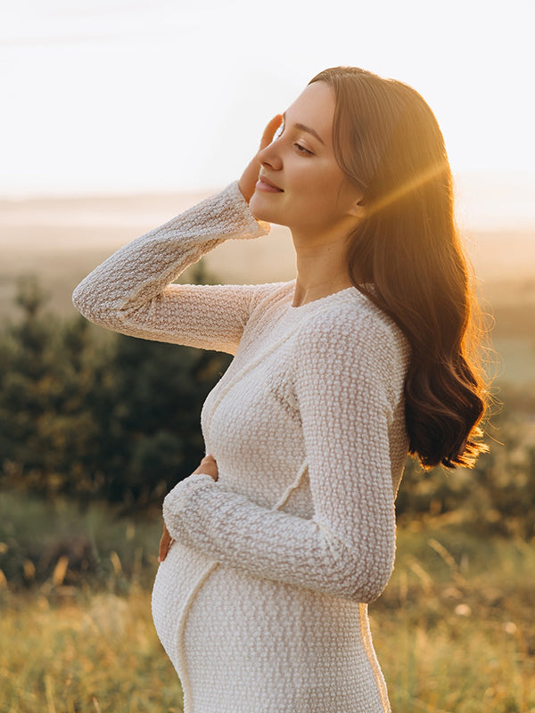 Momsmood Cream Knitted Hollow Out Round Neck Long Sleeve Bodycon Elegant Maternity Photoshoot Maxi Dress