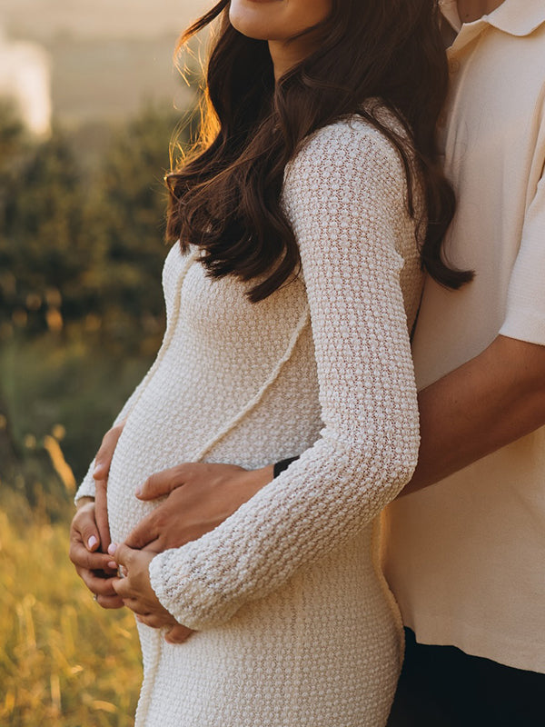 Momsmood Cream Knitted Hollow Out Round Neck Long Sleeve Bodycon Elegant Maternity Photoshoot Maxi Dress