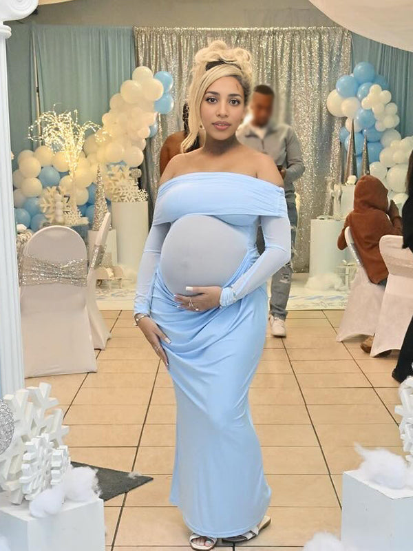 Momsmood Blue Mesh Patchwork Off Shoulder Ruched Sheer Badycon Elegant Maternity Photoshoot Baby Shower Maxi Dress