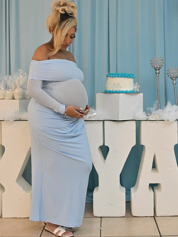Momsmood Blue Mesh Patchwork Off Shoulder Ruched Sheer Badycon Elegant Maternity Photoshoot Baby Shower Maxi Dress