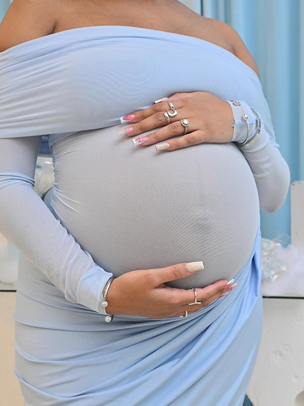 Momsmood Blue Mesh Patchwork Off Shoulder Ruched Sheer Badycon Elegant Maternity Photoshoot Baby Shower Maxi Dress
