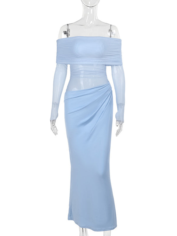 Momsmood Blue Mesh Patchwork Off Shoulder Ruched Sheer Badycon Elegant Maternity Photoshoot Baby Shower Maxi Dress