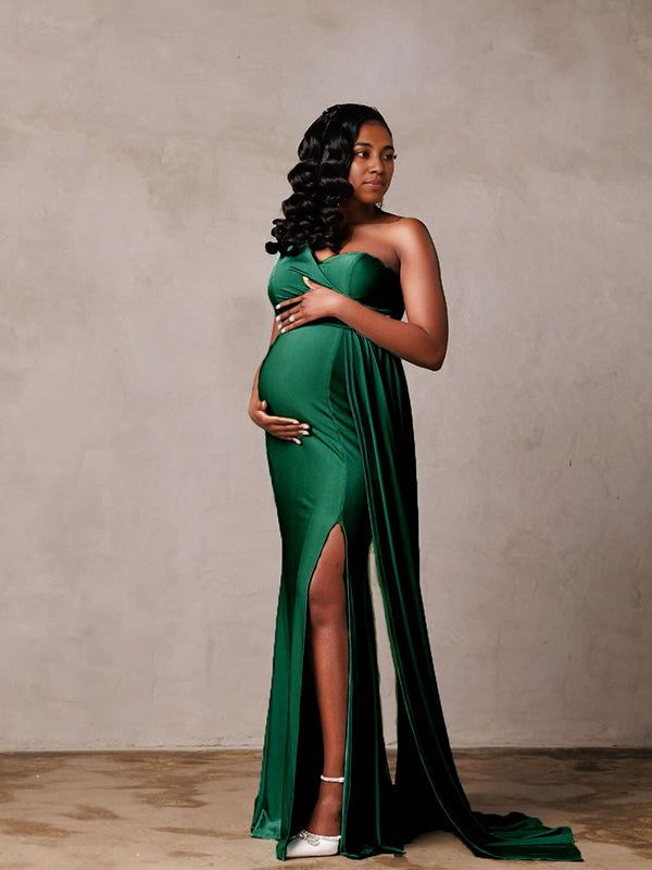 Momsmood Green Satin One Shoulder Side Slit Draped Mermaid Elegant Evening Gown Maternity Photoshoot Maxi Dress