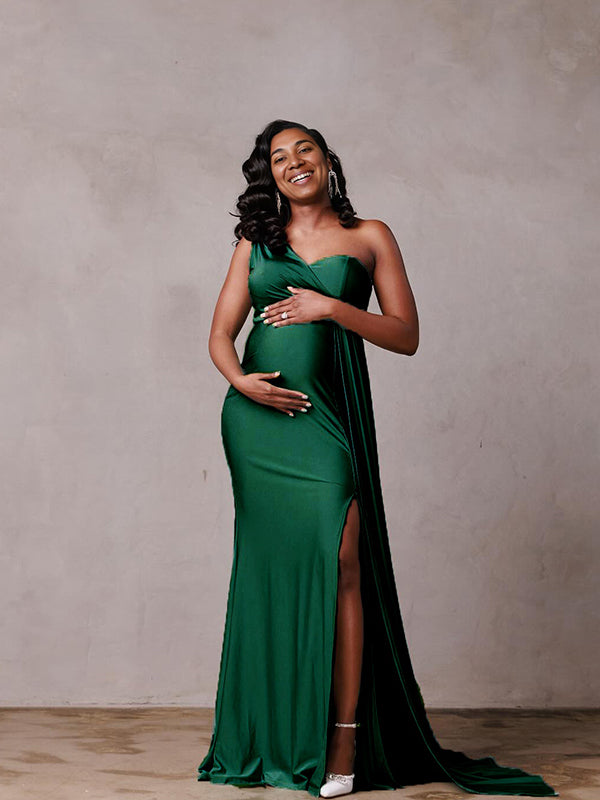 Momsmood Green Satin One Shoulder Side Slit Draped Mermaid Elegant Evening Gown Maternity Photoshoot Maxi Dress