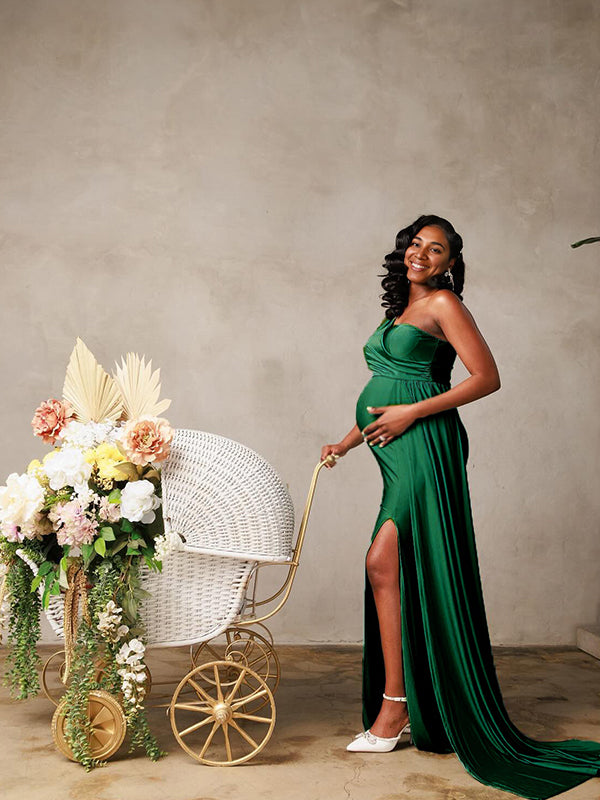 Momsmood Green Satin One Shoulder Side Slit Draped Mermaid Elegant Evening Gown Maternity Photoshoot Maxi Dress