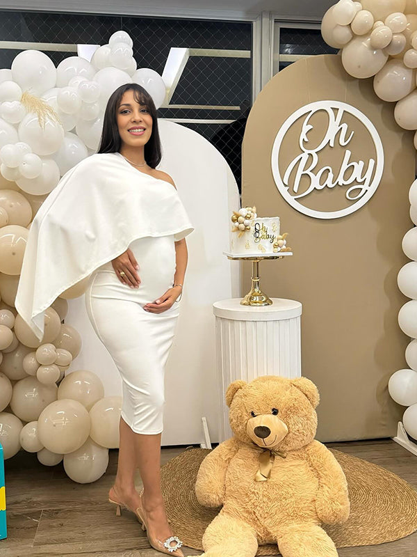 Momsmood White One Shoulder Ruffle Falbala Cape Sleeve Bodycon Elegant Maternity Baby Shower Midi Dress