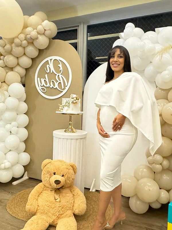 Momsmood White One Shoulder Ruffle Falbala Cape Sleeve Bodycon Elegant Maternity Baby Shower Midi Dress