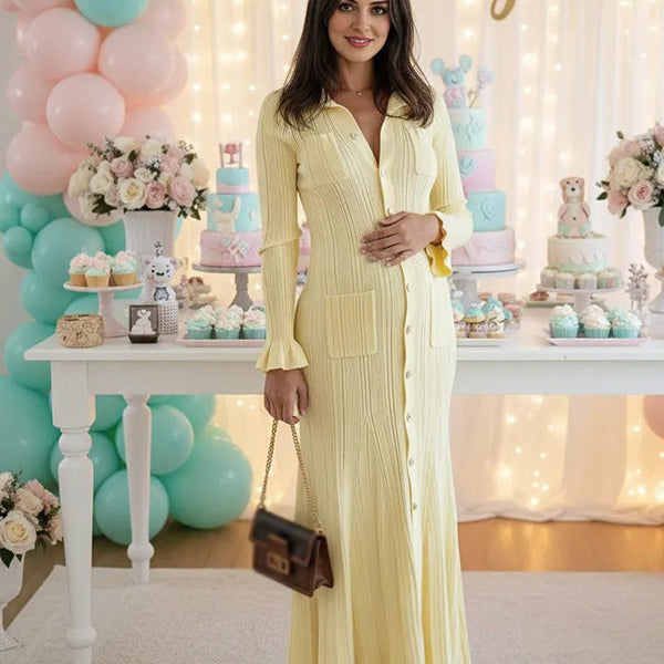 Momsmood Knit Single Breasted Ruffle Pockets Slit Polo Maternity Sweater Maxi Dress