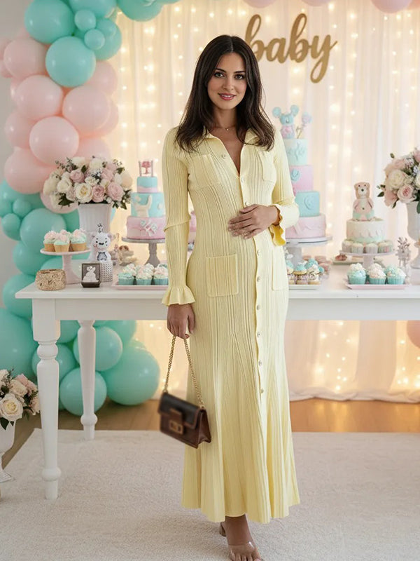 Momsmood Knit Single Breasted Ruffle Pockets Slit Polo Maternity Sweater Maxi Dress