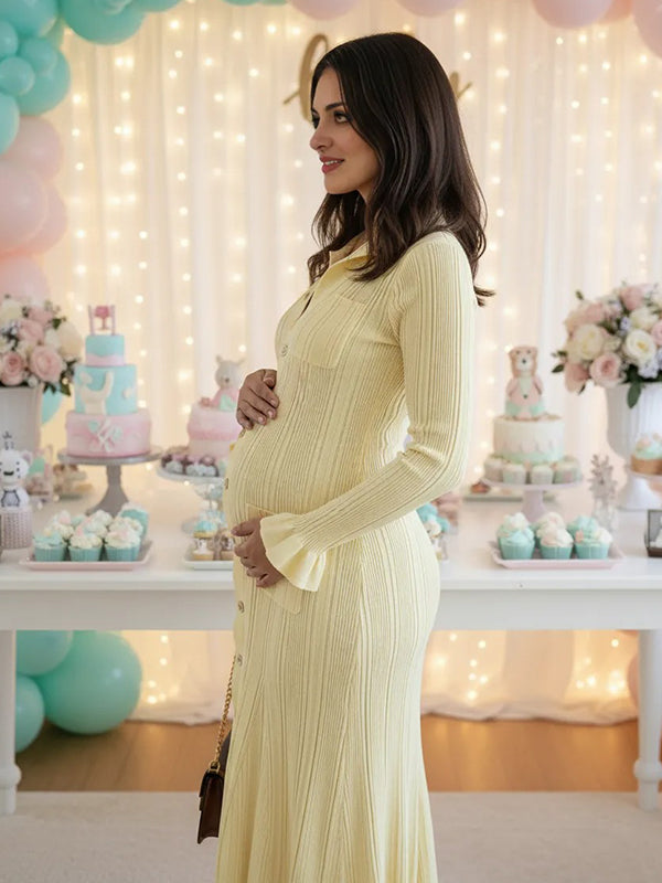 Momsmood Knit Single Breasted Ruffle Pockets Slit Polo Maternity Sweater Maxi Dress