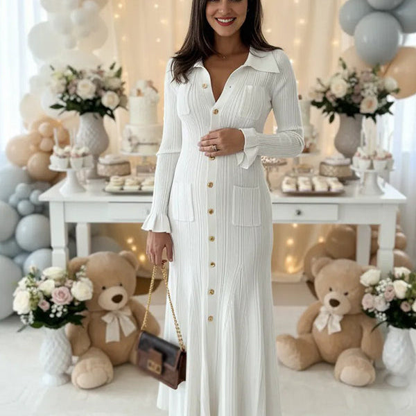 Momsmood Knit Single Breasted Ruffle Pockets Slit Polo Maternity Sweater Maxi Dress