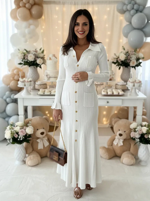 Momsmood Knit Single Breasted Ruffle Pockets Slit Polo Maternity Sweater Maxi Dress