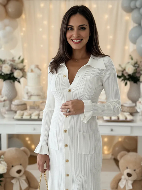 Momsmood Knit Single Breasted Ruffle Pockets Slit Polo Maternity Sweater Maxi Dress