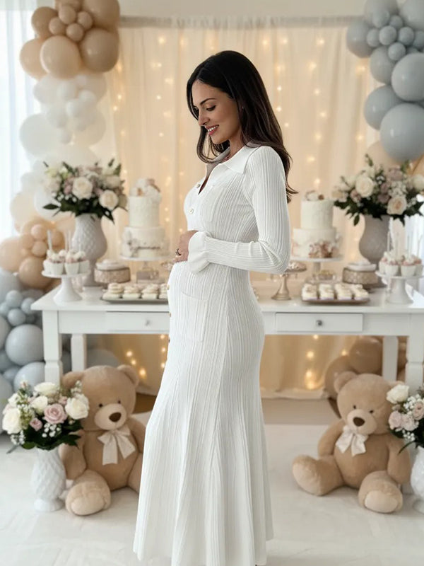 Momsmood Knit Single Breasted Ruffle Pockets Slit Polo Maternity Sweater Maxi Dress