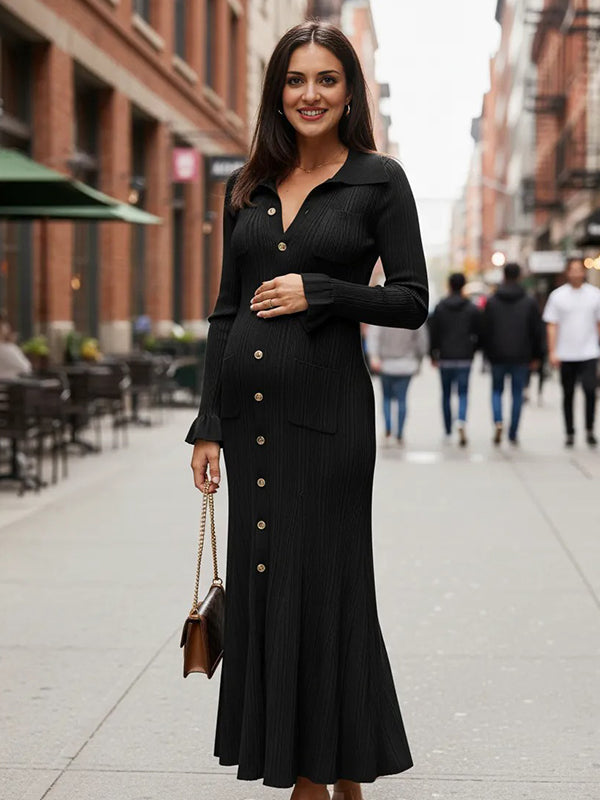 Momsmood Knit Single Breasted Ruffle Pockets Slit Polo Maternity Sweater Maxi Dress