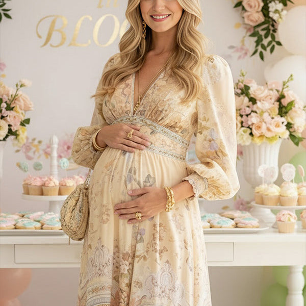 Momsmood Floral Buttons Shaped Waistband Big Swing Flowy Boho Maternity Maxi Dress
