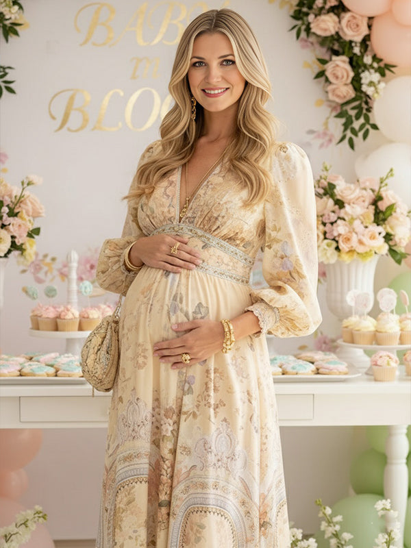 Momsmood Floral Buttons Shaped Waistband Big Swing Flowy Boho Maternity Maxi Dress